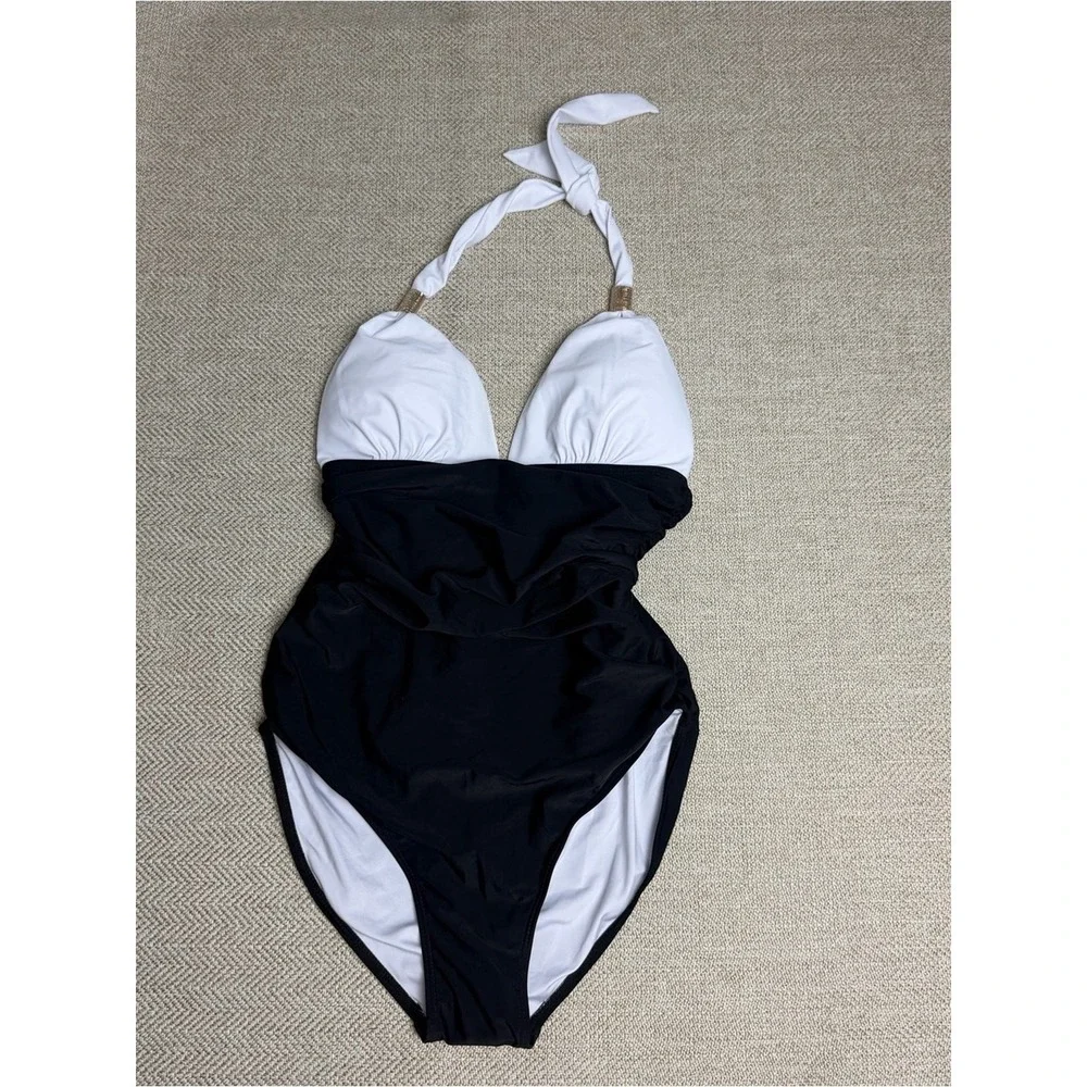 NWOT White & Black Halter One-Piece Swimsuit with gold accents size Medium